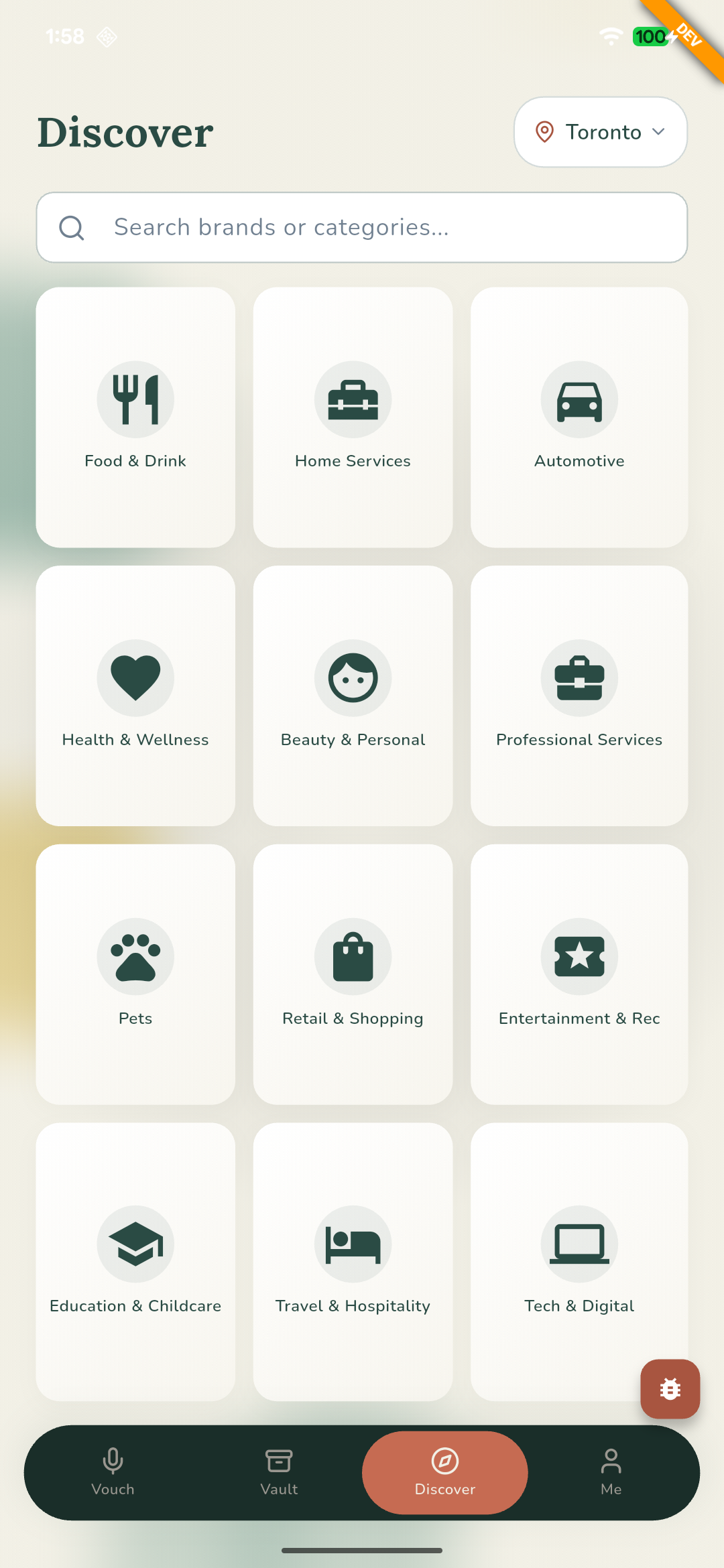 Vouch app discover screen showing brand categories
