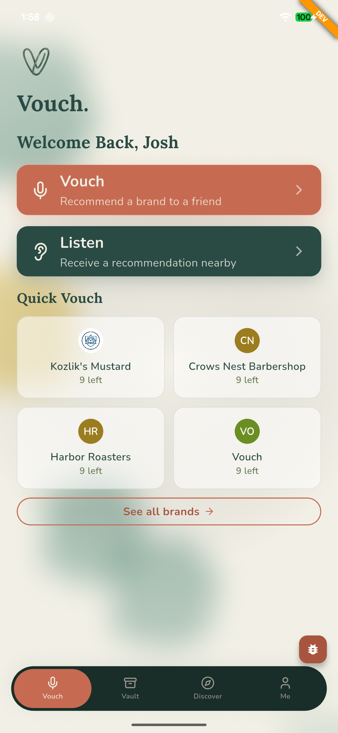 Vouch app home screen showing Vouch and Listen actions