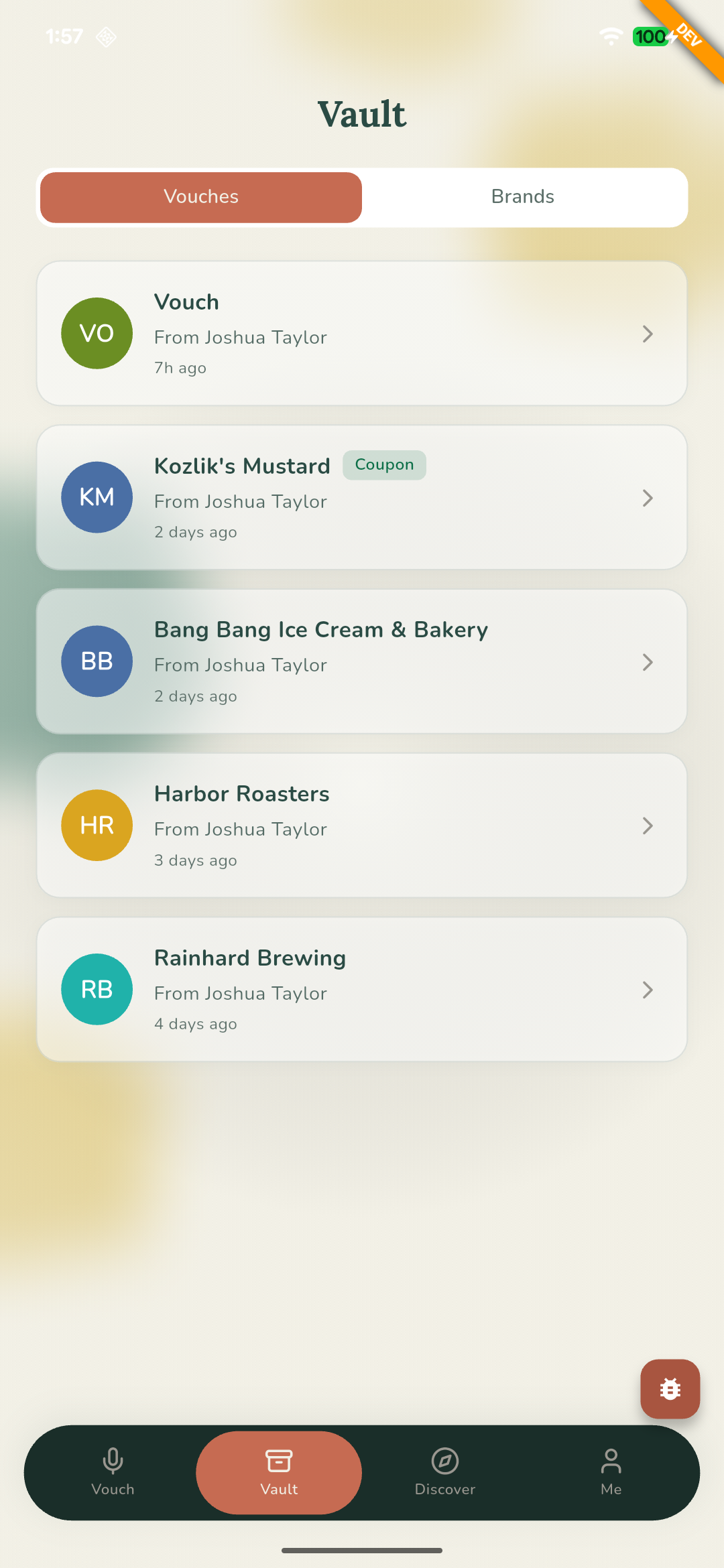 Vouch app vault screen showing saved recommendations