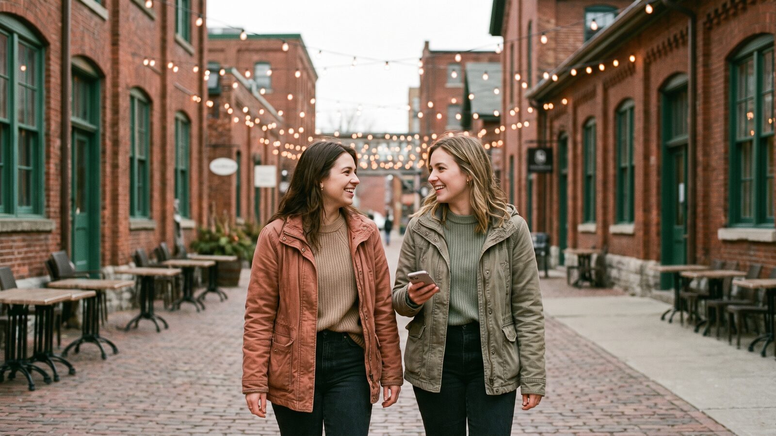 Friends exploring the Distillery District Toronto and sharing recommendations on Vouch