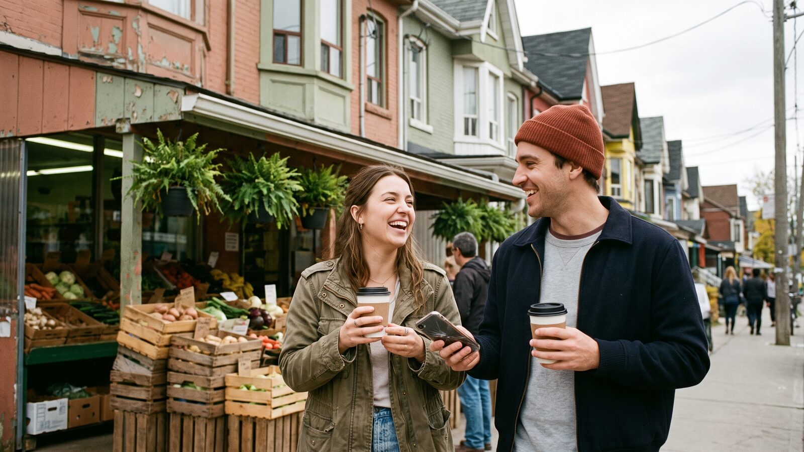 Friends exploring Kensington Market Toronto food stalls and sharing recommendations on Vouch