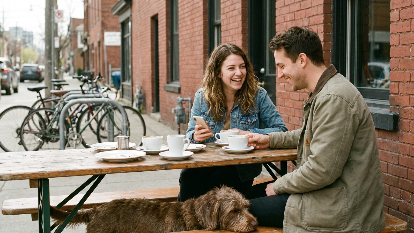 Friends at a Leslieville brunch patio sharing recommendations on Vouch