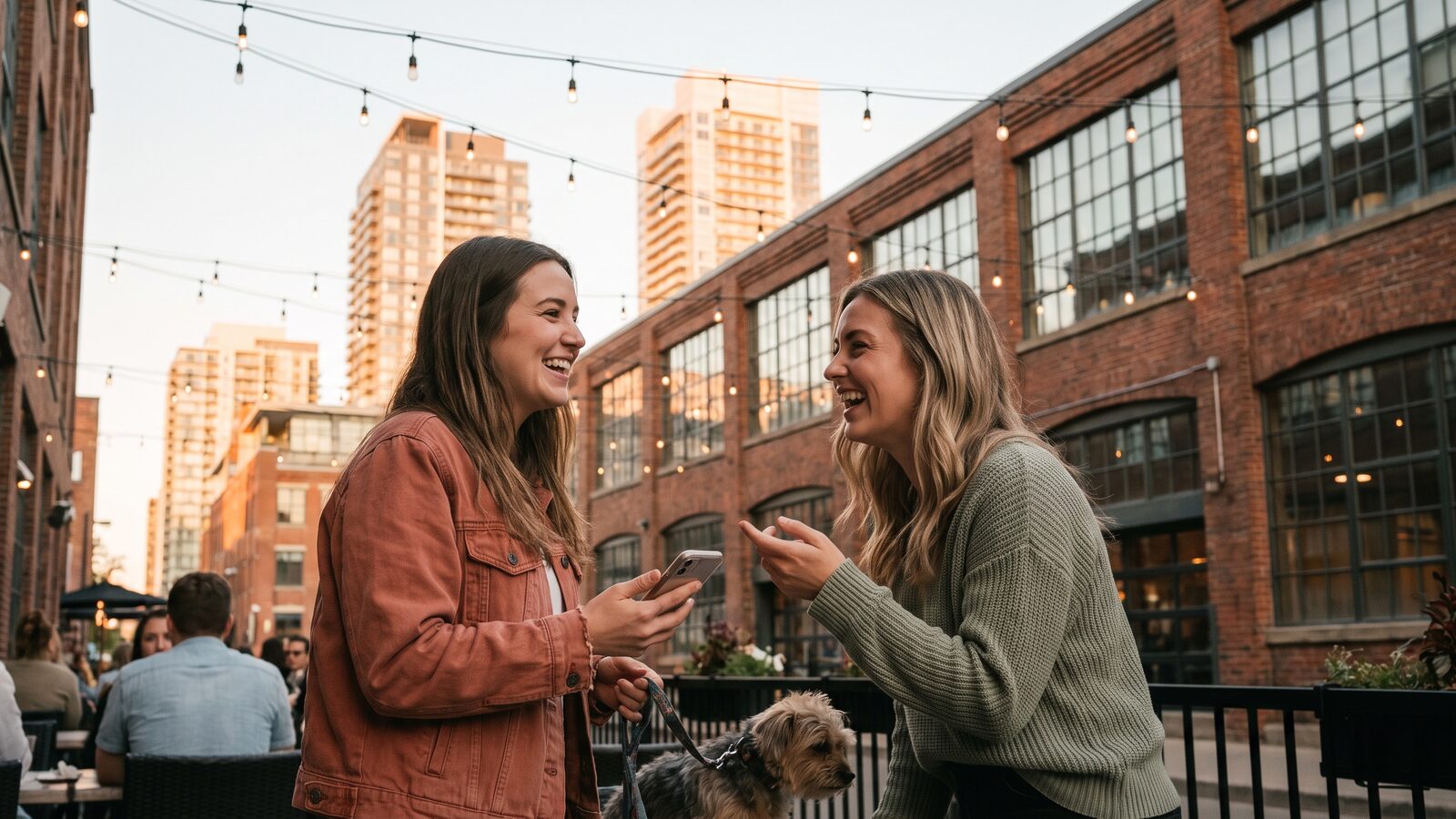 Friends on a Liberty Village patio under string lights, sharing recommendations on Vouch