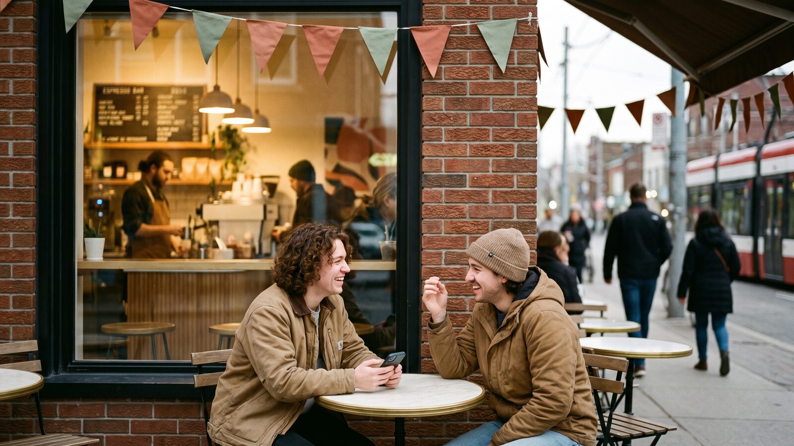 Friends outside a College Street café in Little Italy sharing recommendations on Vouch