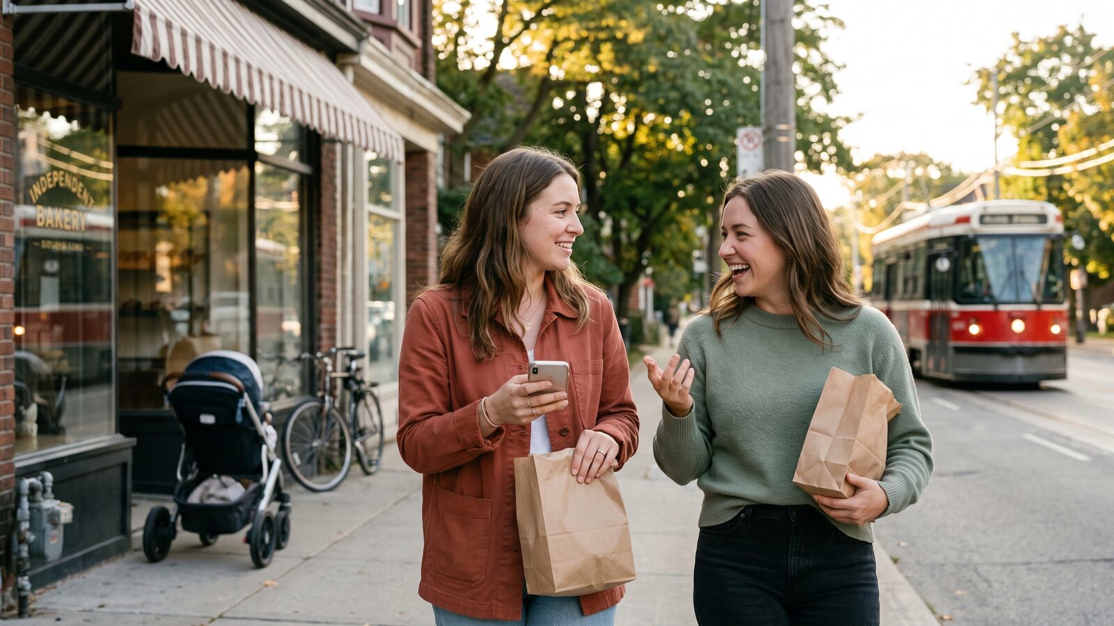 Friends on Roncesvalles Avenue with bakery bags, sharing recommendations on Vouch