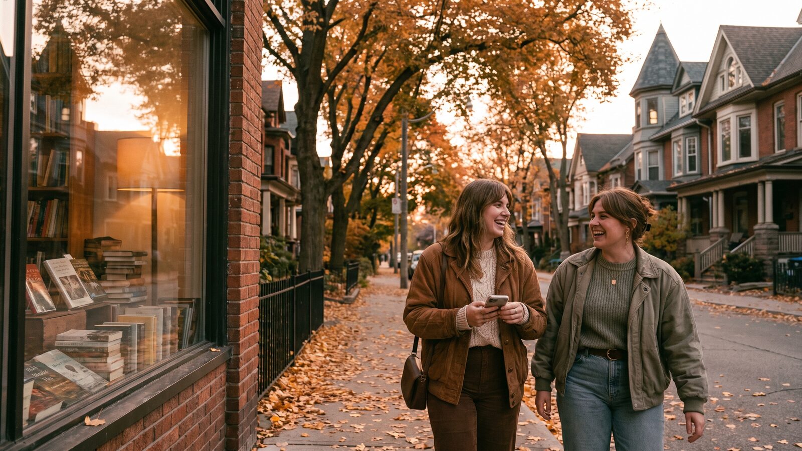 Friends walking a tree-lined Annex street past a bookshop, sharing recommendations on Vouch
