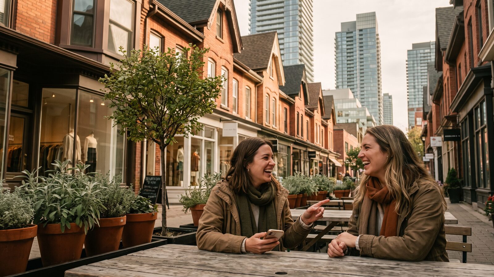 Friends at a Yorkville café terrace sharing recommendations on Vouch