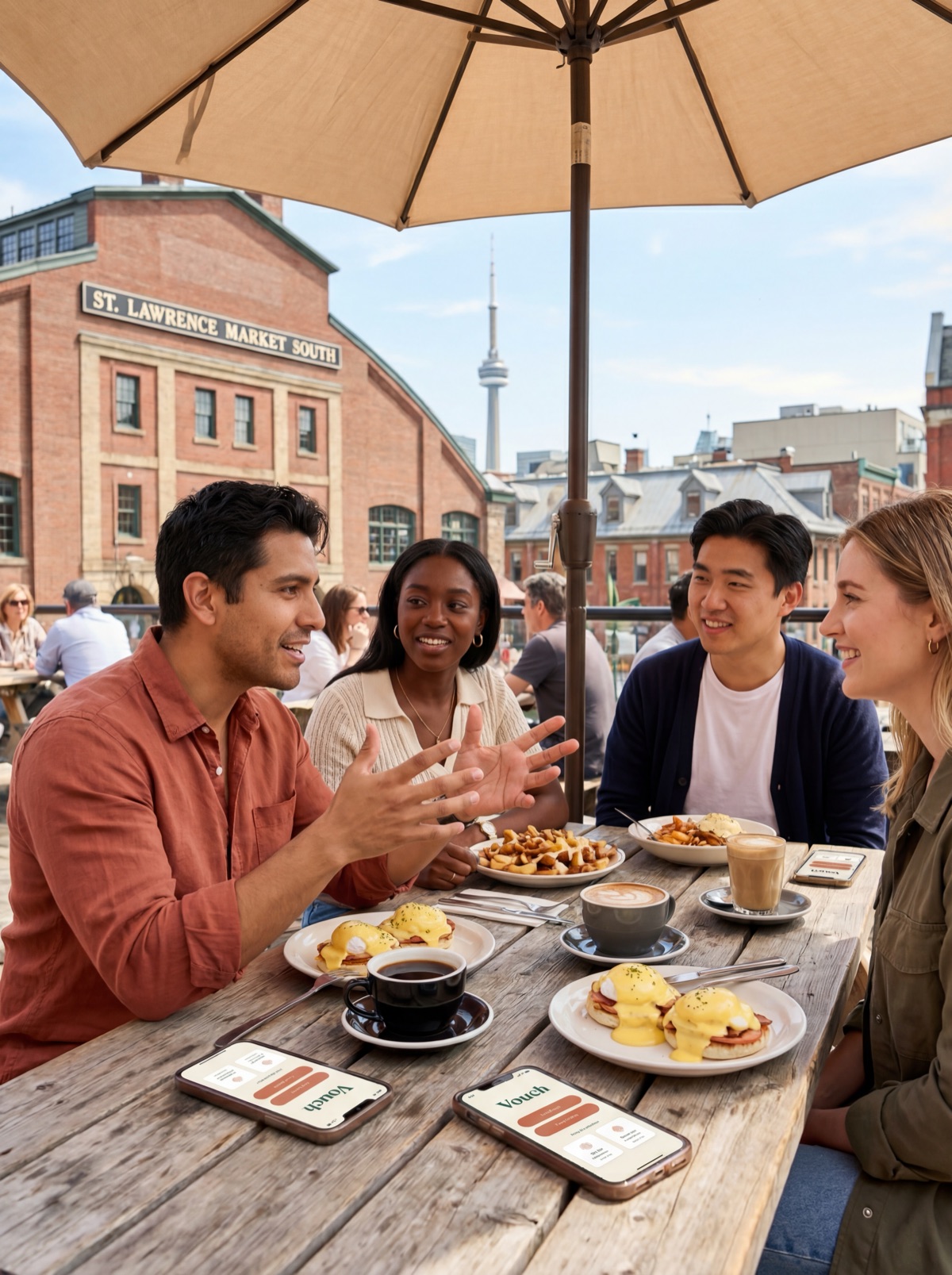 Friends enjoying brunch at St Lawrence Market in Toronto