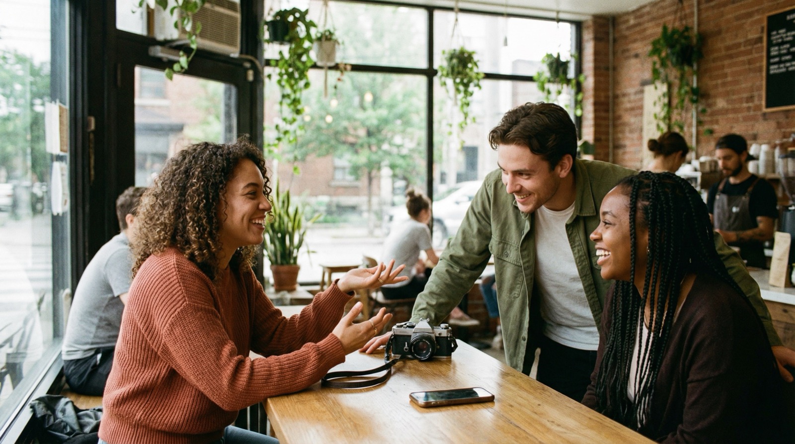 Friends sharing recommendations at a Toronto cafe